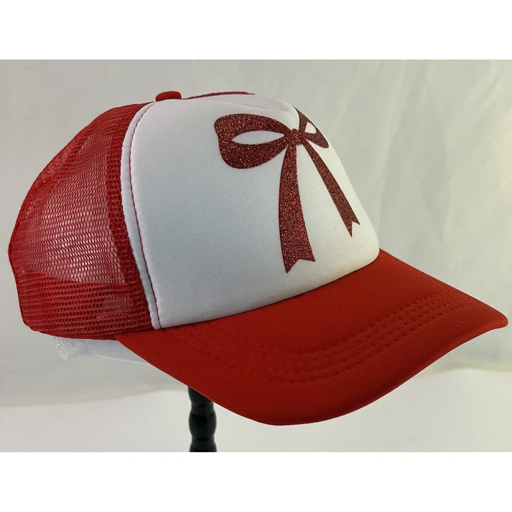 The Christmas Shoppe Red White Glitter Bow Trucker Hat Holiday Party Accessory